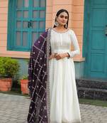 White Colour Chinnon Silk Embroidery Work Fully Stitched Anarkali Suit