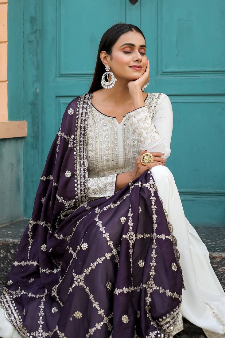 White Colour Chinnon Silk Embroidery Work Fully Stitched Anarkali Suit