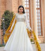 White Colour Chinnon Silk Embroidery Work Fully Stitched Anarkali Suit