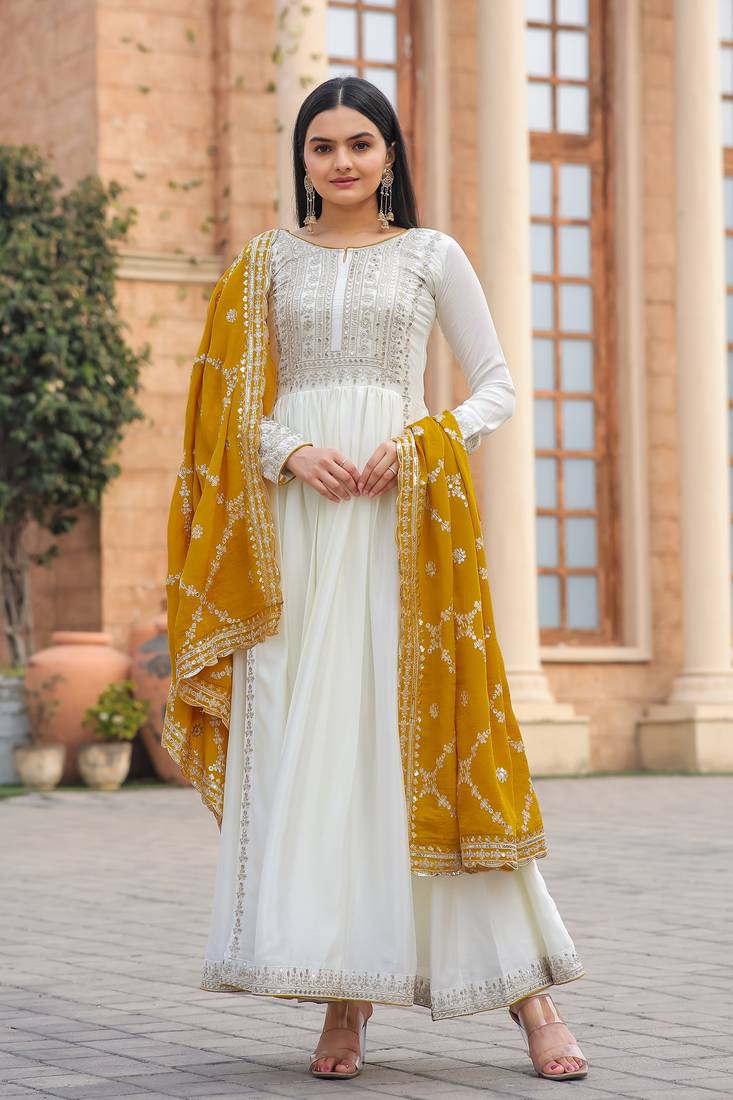 White Colour Chinnon Silk Embroidery Work Fully Stitched Anarkali Suit
