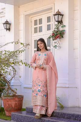 Peach Chinnon Silk Embroidery Work Fully Salwar Suit 1