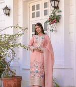 Peach Colour Chinnon Silk Embroidery Work Fully Stitched Salwar Suit