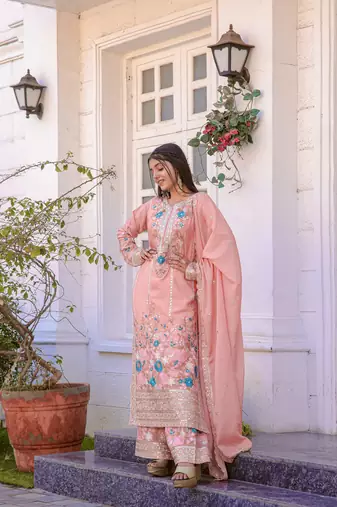 Peach Chinnon Silk Embroidery Work Fully Salwar Suit