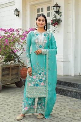 Turquoise Colour Chinnon Silk Embroidery Work Fully Salwar Suit 1