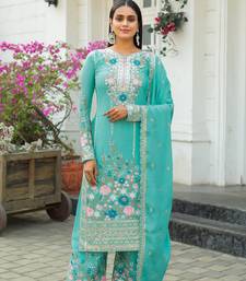 Turquoise Colour Chinnon Silk Embroidery Work Fully Salwar Suit