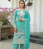 Turquoise Colour Chinnon Silk Embroidery Work Fully Stitched Salwar Suit