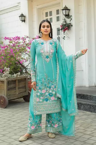 Turquoise Colour Chinnon Silk Embroidery Work Fully Salwar Suit
