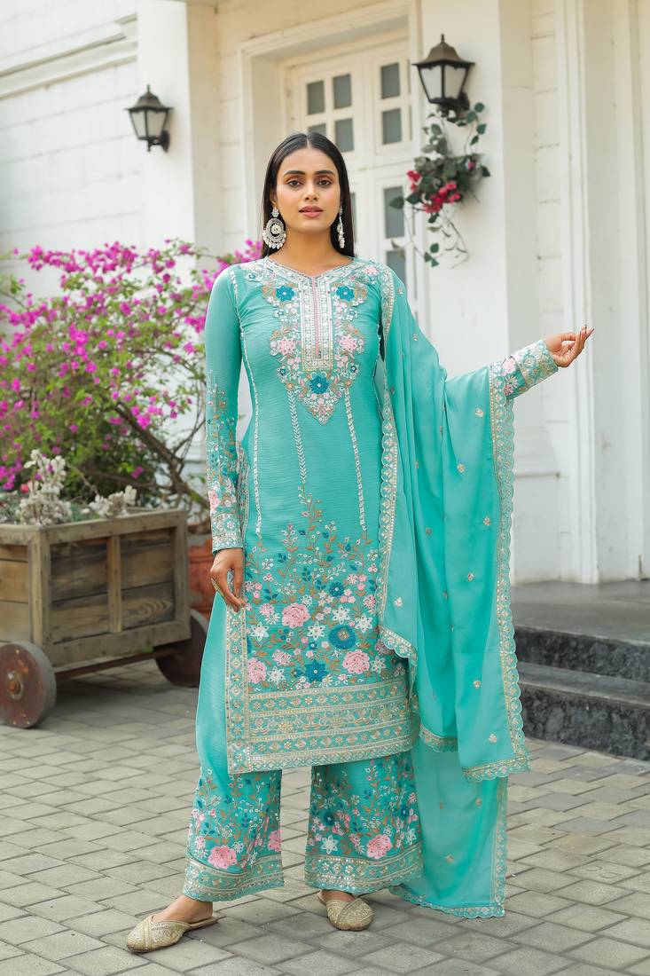 Turquoise Colour Chinnon Silk Embroidery Work Fully Stitched Salwar Suit
