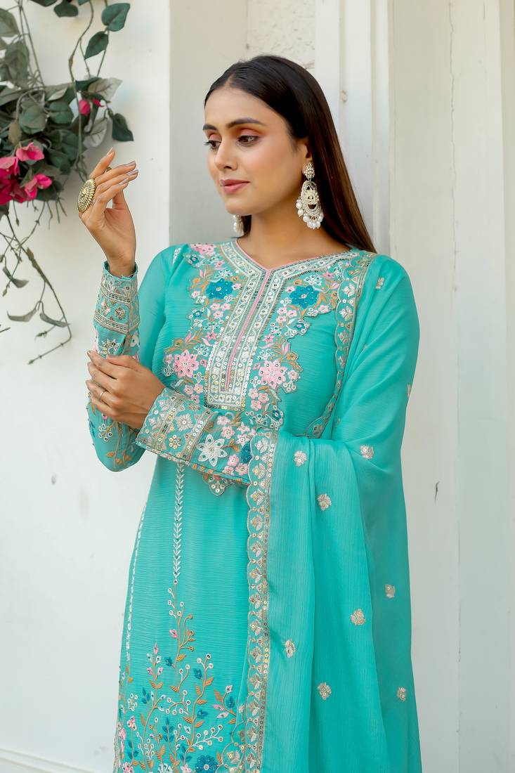 Turquoise Colour Chinnon Silk Embroidery Work Fully Stitched Salwar Suit
