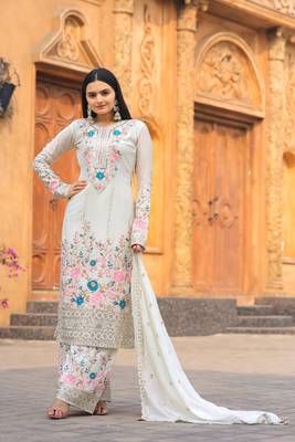 White Colour Chinnon Silk Embroidery Work Fully Salwar Suit 1