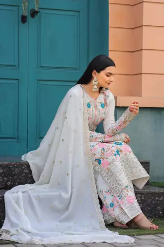 White Colour Chinnon Silk Embroidery Work Fully Salwar Suit