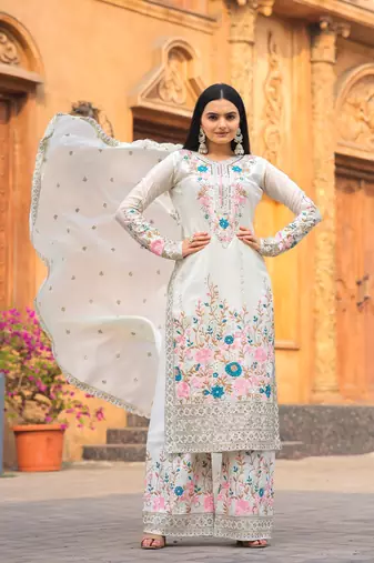 White Colour Chinnon Silk Embroidery Work Fully Salwar Suit