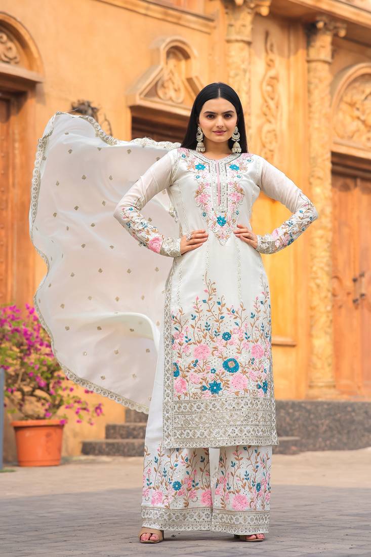 White Colour Chinnon Silk Embroidery Work Fully Stitched Salwar Suit