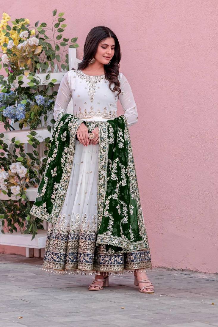 White Colour Faux Georgette Embroidery Work Fully Stitched Anarkali Suit