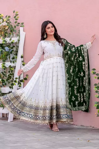 White Colour Faux Georgette Embroidery Work Fully Anarkali Suit