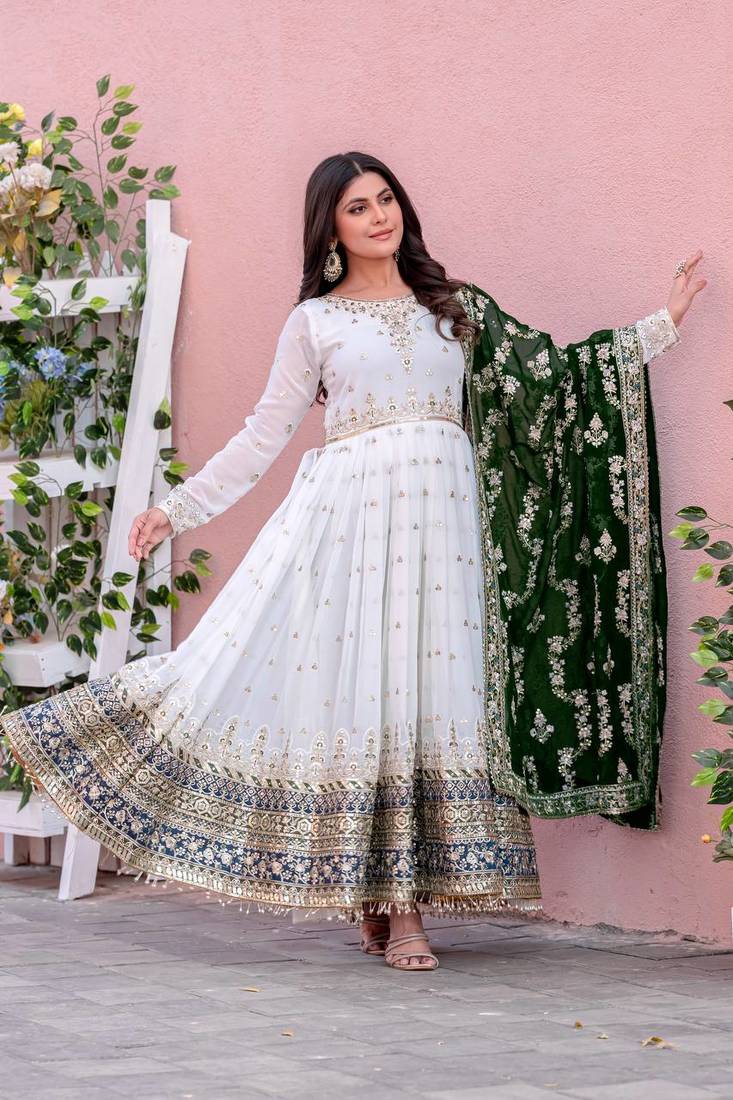 White Colour Faux Georgette Embroidery Work Fully Stitched Anarkali Suit