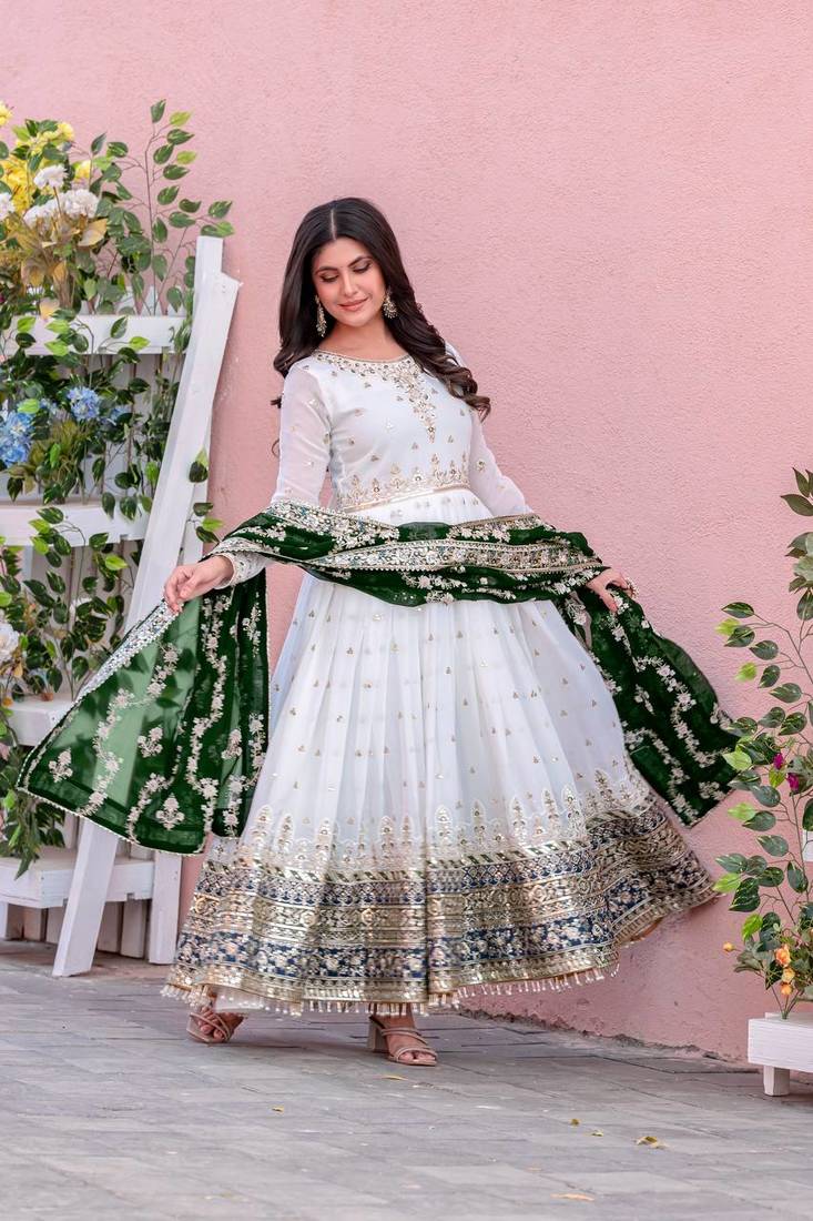 White Colour Faux Georgette Embroidery Work Fully Stitched Anarkali Suit