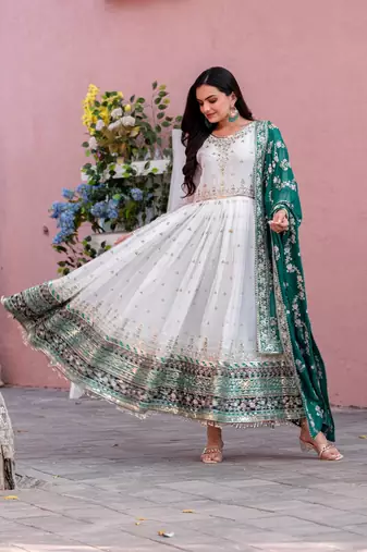 White Colour Faux Georgette Embroidery Work Fully Anarkali Suit