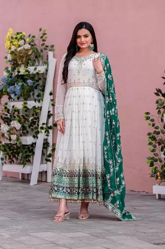 White Colour Faux Georgette Embroidery Work Fully Anarkali Suit