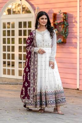 White Faux Georgette Embroidery Work Fully Anarkali Suit 1