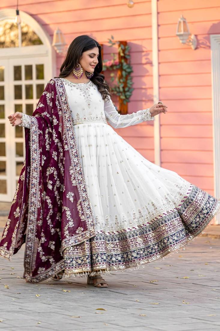 White Colour Faux Georgette Embroidery Work Fully Stitched Anarkali Suit