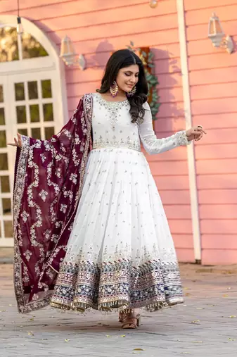 White Faux Georgette Embroidery Work Fully Anarkali Suit