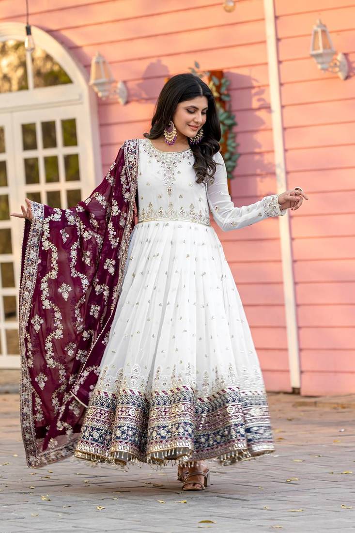 White Colour Faux Georgette Embroidery Work Fully Stitched Anarkali Suit