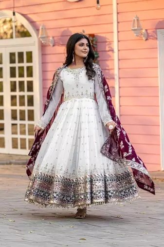White Faux Georgette Embroidery Work Fully Anarkali Suit