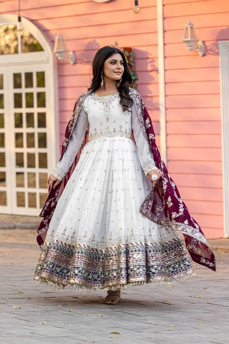 White Colour Faux Georgette Embroidery Work Fully Stitched Anarkali Suit