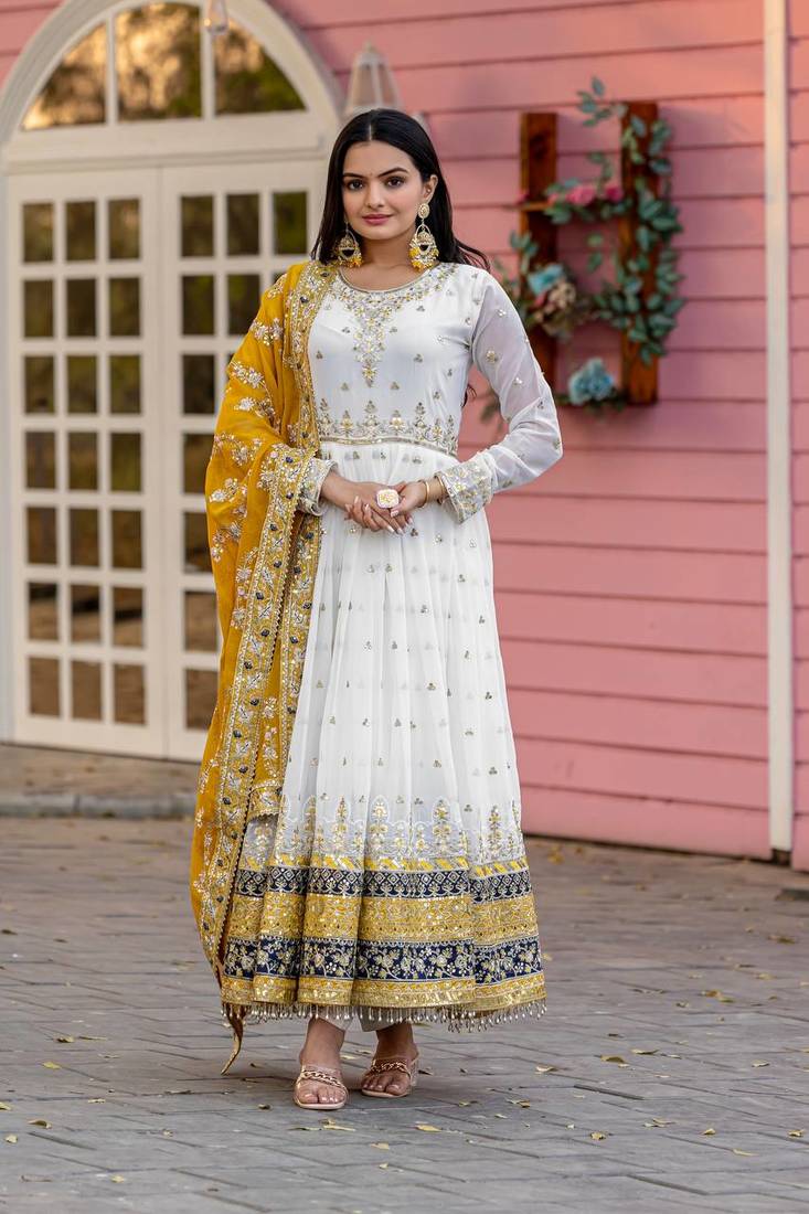Yellow Colour Faux Georgette Embroidery Work Fully Stitched Anarkali Suit