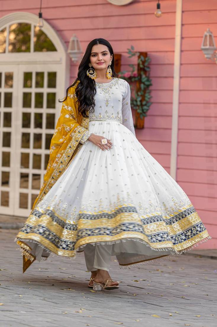 Yellow Colour Faux Georgette Embroidery Work Fully Stitched Anarkali Suit