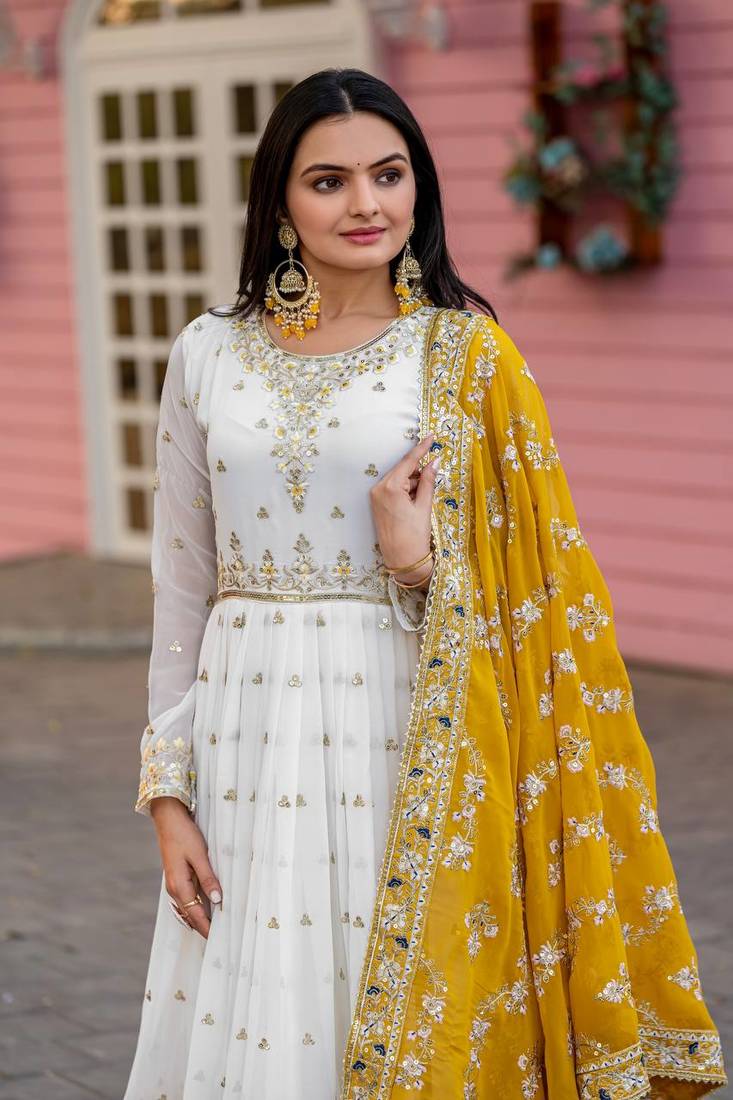 Yellow Colour Faux Georgette Embroidery Work Fully Stitched Anarkali Suit