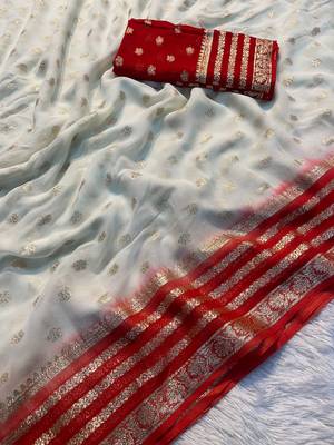 White Georgette With Zari Weaving Saree 1