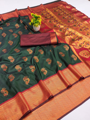 Dark green woven silk blend banarasi paithani saree with blouse 1