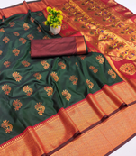 Dark green woven silk blend banarasi paithani saree with blouse