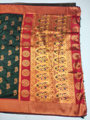 Dark green woven silk blend banarasi paithani saree with blouse 2