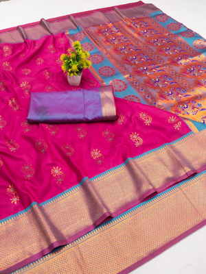 Pink woven silk blend banarasi paithani saree with blouse 1