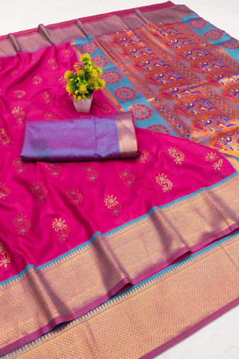 Pink woven silk blend banarasi paithani saree with blouse