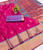 Pink woven silk blend banarasi paithani saree with blouse