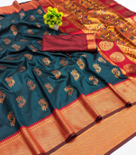 Firozi woven silk blend banarasi paithani saree with blouse