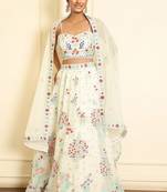 Glamorous Off White Thread Embroidered Georgette Lehenga Set