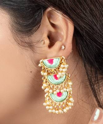 Geometric mint & palace pink embroidered dangler earrings 1