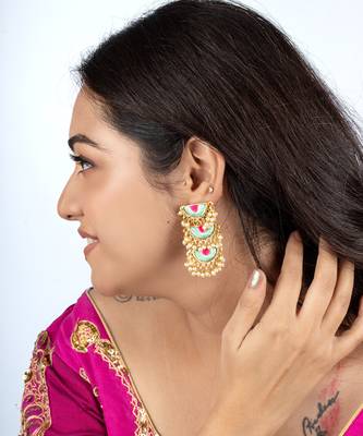 Geometric mint & palace pink embroidered dangler earrings 2
