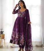 Wine Anarkali Suit  Pure Organza Silk with Elegant Kali Pattern