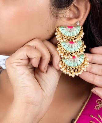 Aquamarine mandala mint blue & blush pink embroidered dangler earrings 2
