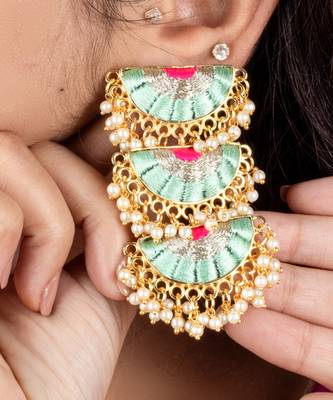 Aquamarine mandala mint blue & blush pink embroidered dangler earrings 3