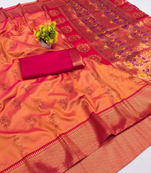 Orange woven silk blend banarasi paithani saree with blouse