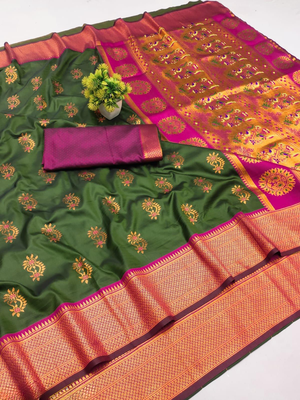 Olive woven silk blend banarasi paithani saree with blouse 1