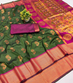 Olive woven silk blend banarasi paithani saree with blouse