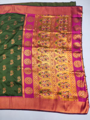 Olive woven silk blend banarasi paithani saree with blouse 2